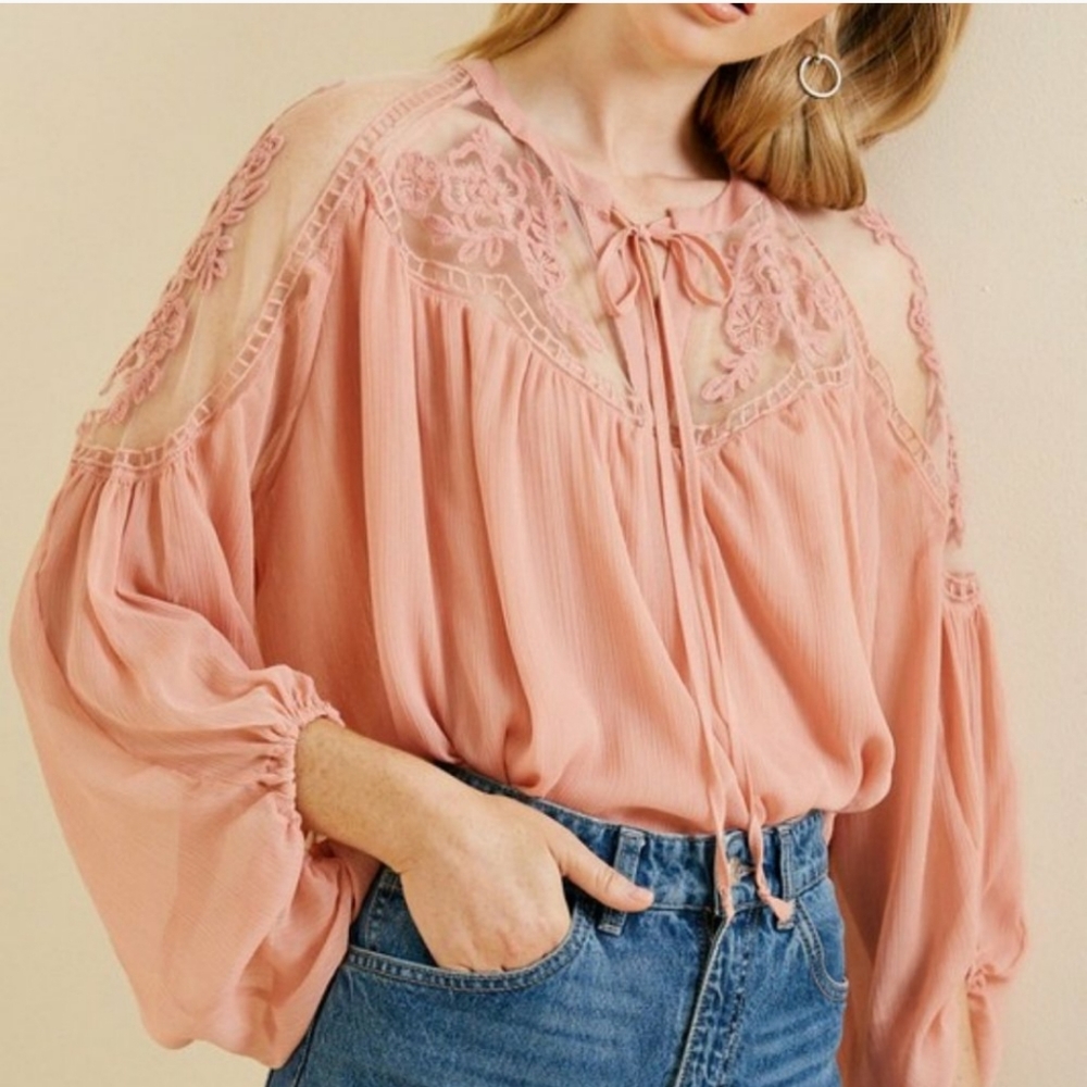 Lace boho long sleeved chiffon blouse blush size S/M